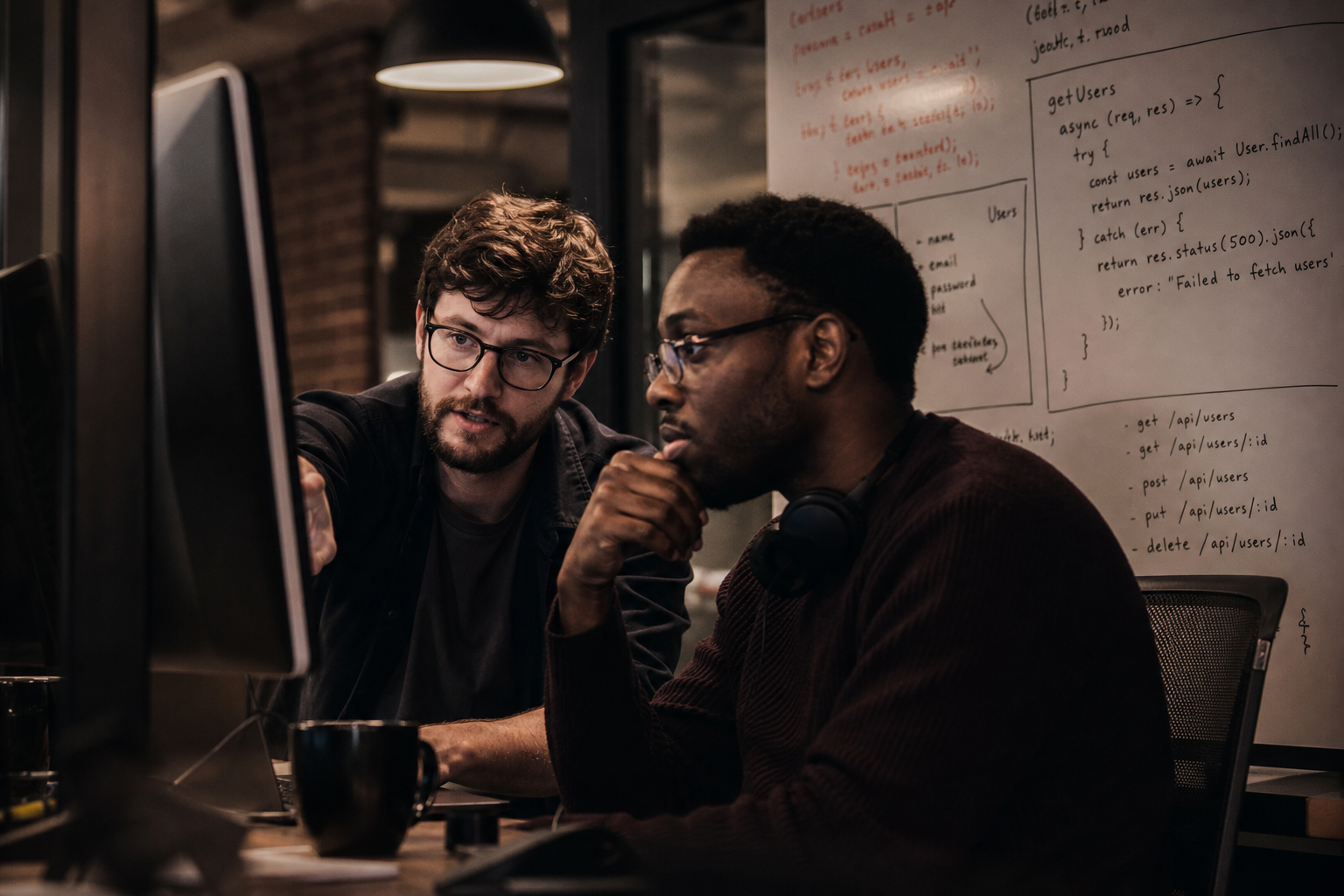 Engineering team reviewing a client project code and architecture